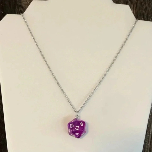 Purple 20 Sided Die D&D Dungeons and Dragons Stainless Steel Necklace - Picture 2 of 4
